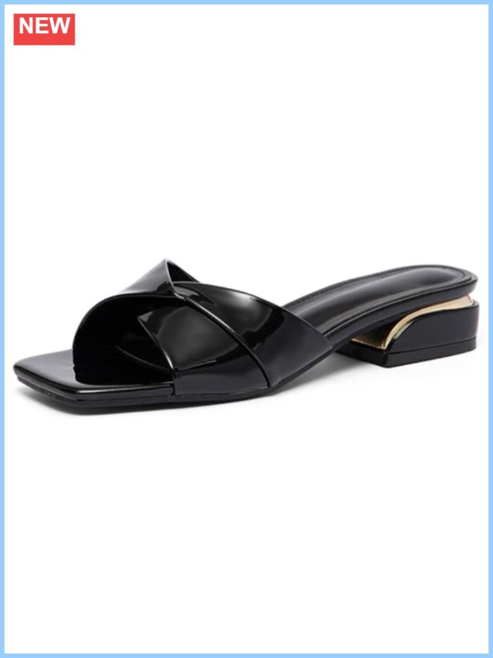 Patent Leather Chunky Heeled Slides Sandals Square Toe Low Block Heel Mules